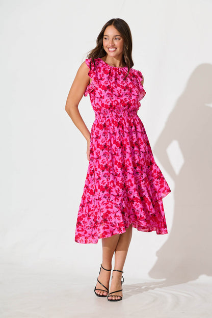 Inaya Midi Dress in Pink and Red Floral Chiffon