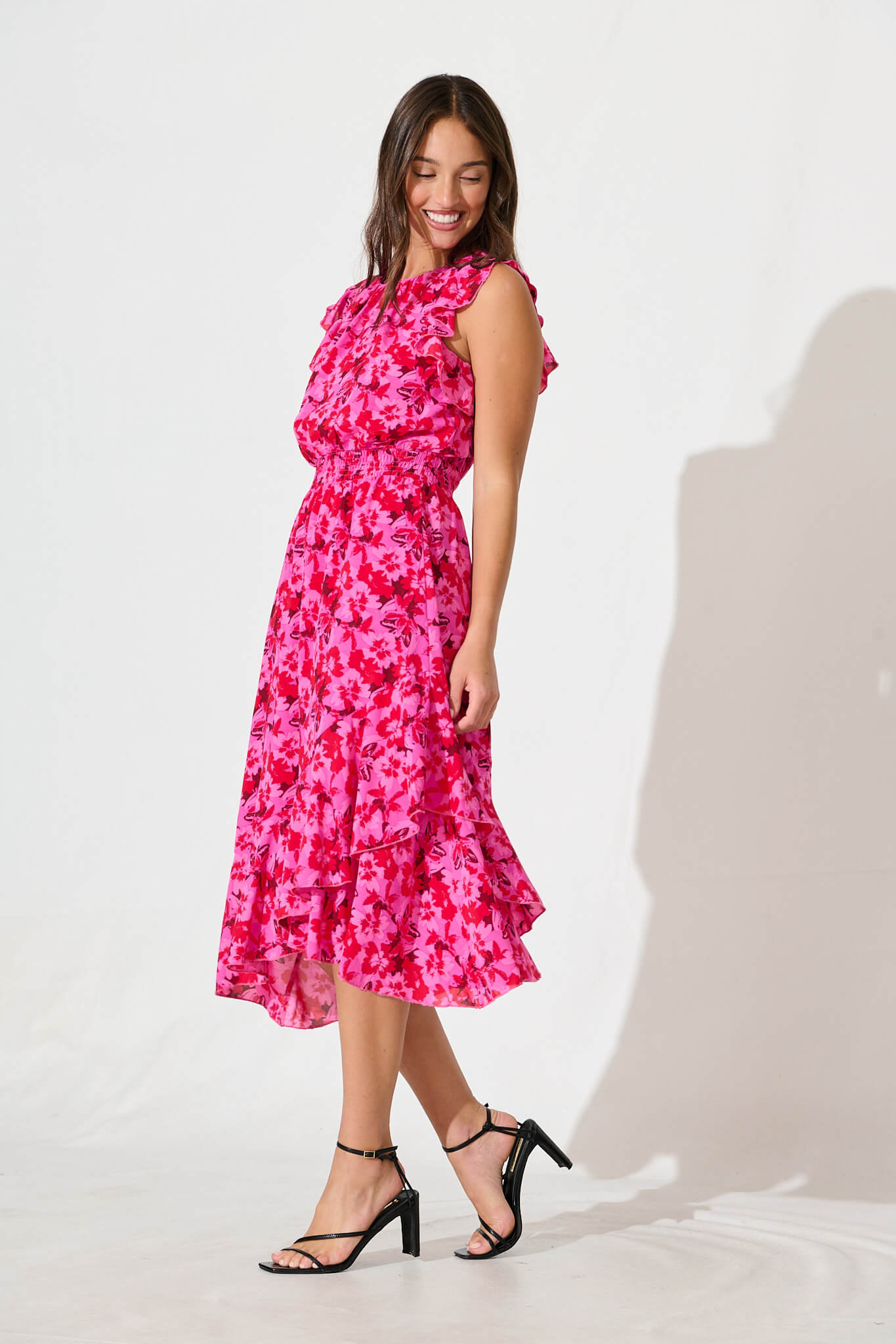 Inaya Midi Dress in Pink and Red Floral Chiffon