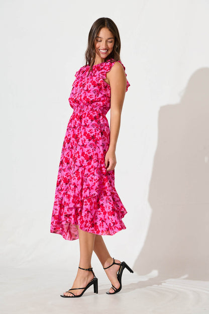 Inaya Midi Dress in Pink and Red Floral Chiffon