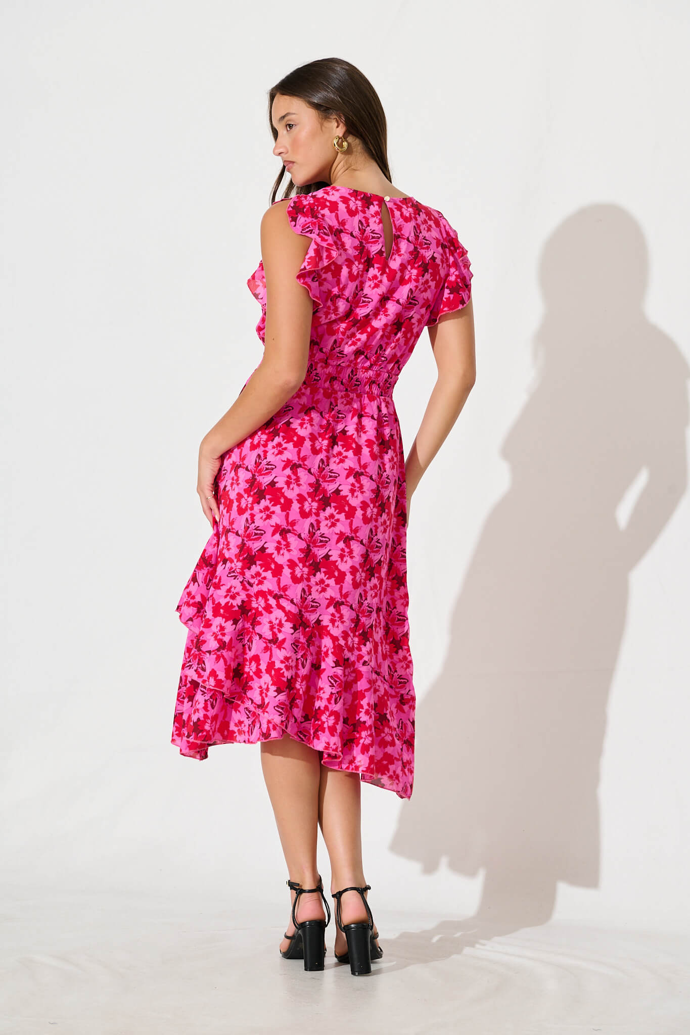 Inaya Midi Dress in Pink and Red Floral Chiffon