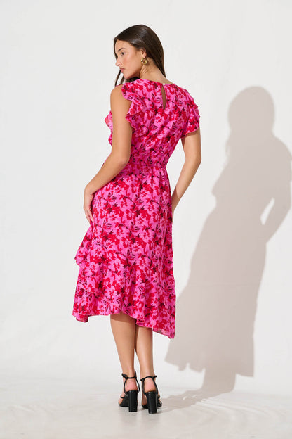 Inaya Midi Dress in Pink and Red Floral Chiffon