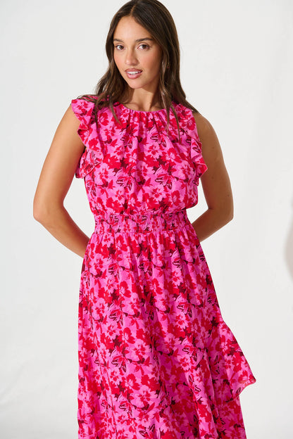 Inaya Midi Dress in Pink and Red Floral Chiffon