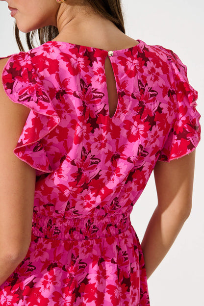 Inaya Midi Dress in Pink and Red Floral Chiffon
