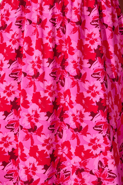 Inaya Midi Dress in Pink and Red Floral Chiffon