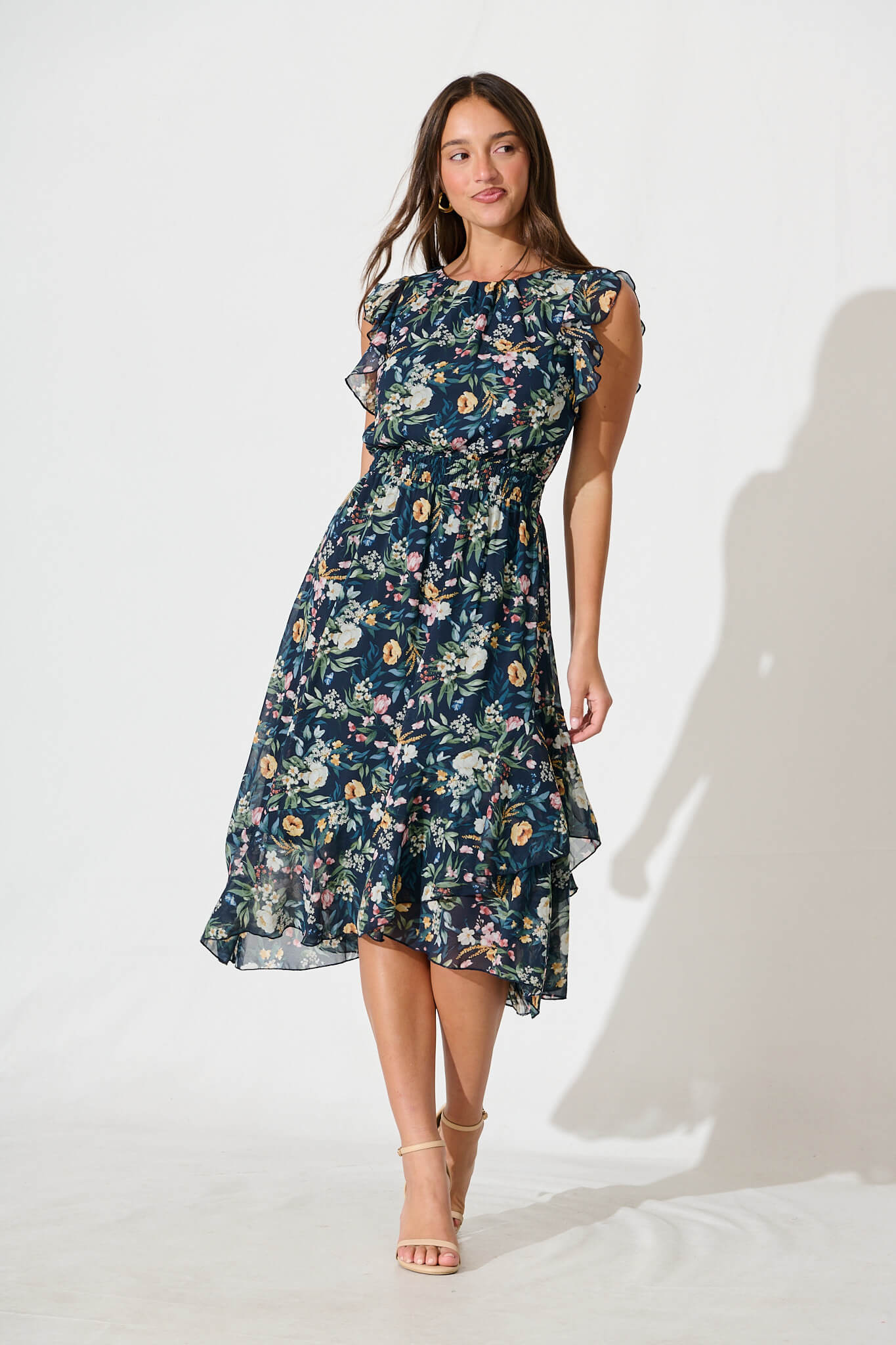 Inaya Midi Dress in Navy Multi Floral Chiffon
