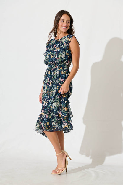 Inaya Midi Dress in Navy Multi Floral Chiffon