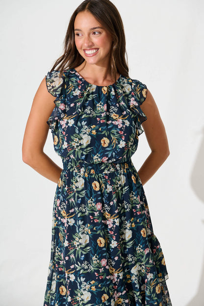Inaya Midi Dress in Navy Multi Floral Chiffon