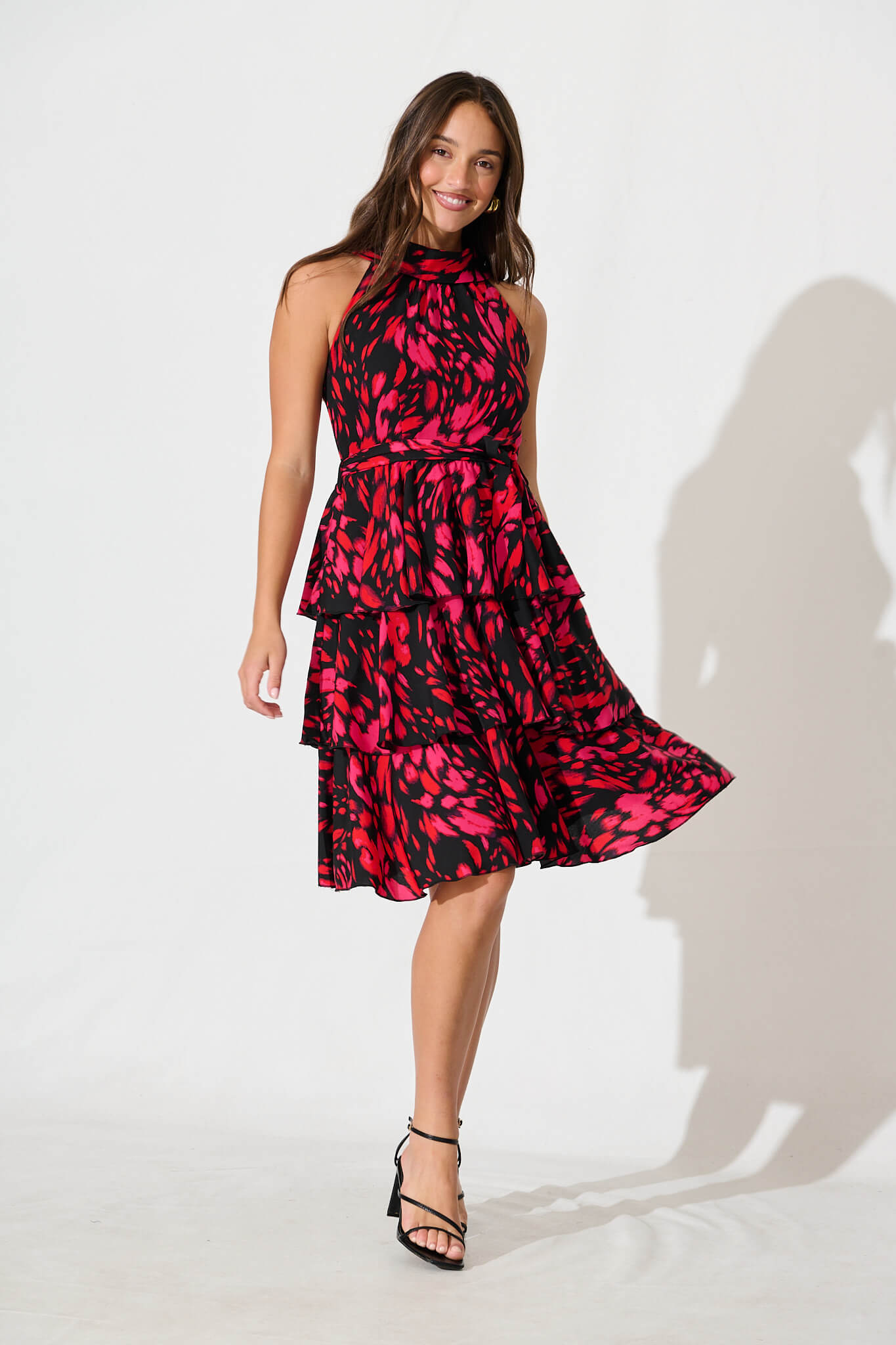 Mariabella Halter Neck Midi Dress in Black with Hot Pink