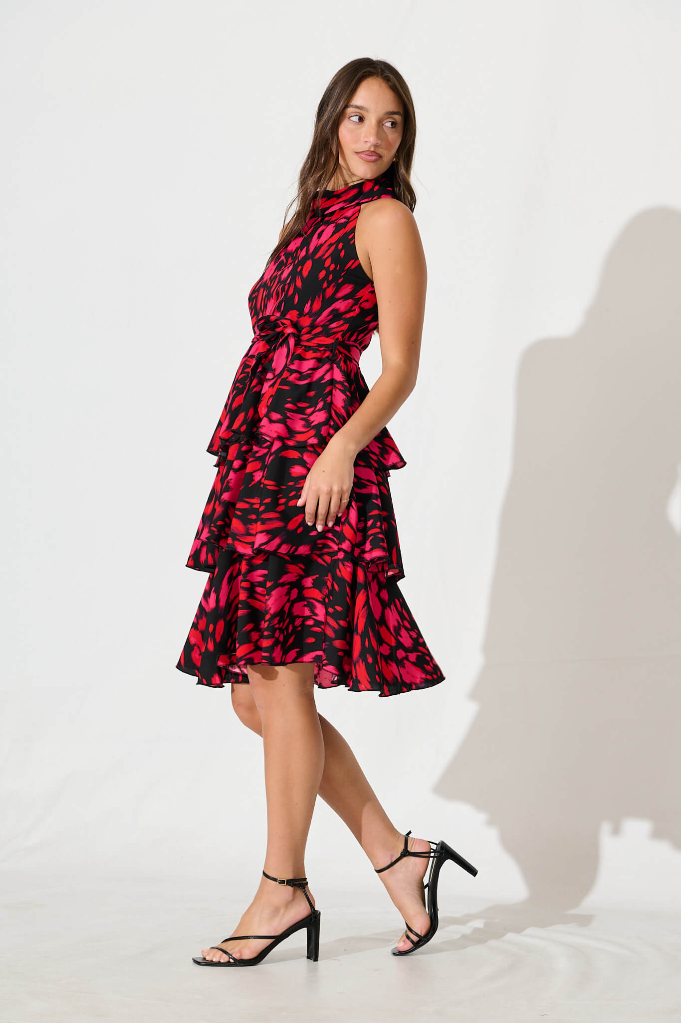 Mariabella Halter Neck Midi Dress in Black with Hot Pink