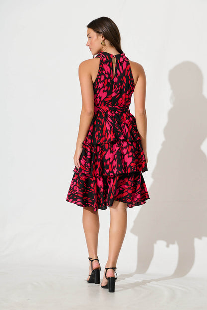 Mariabella Halter Neck Midi Dress in Black with Hot Pink