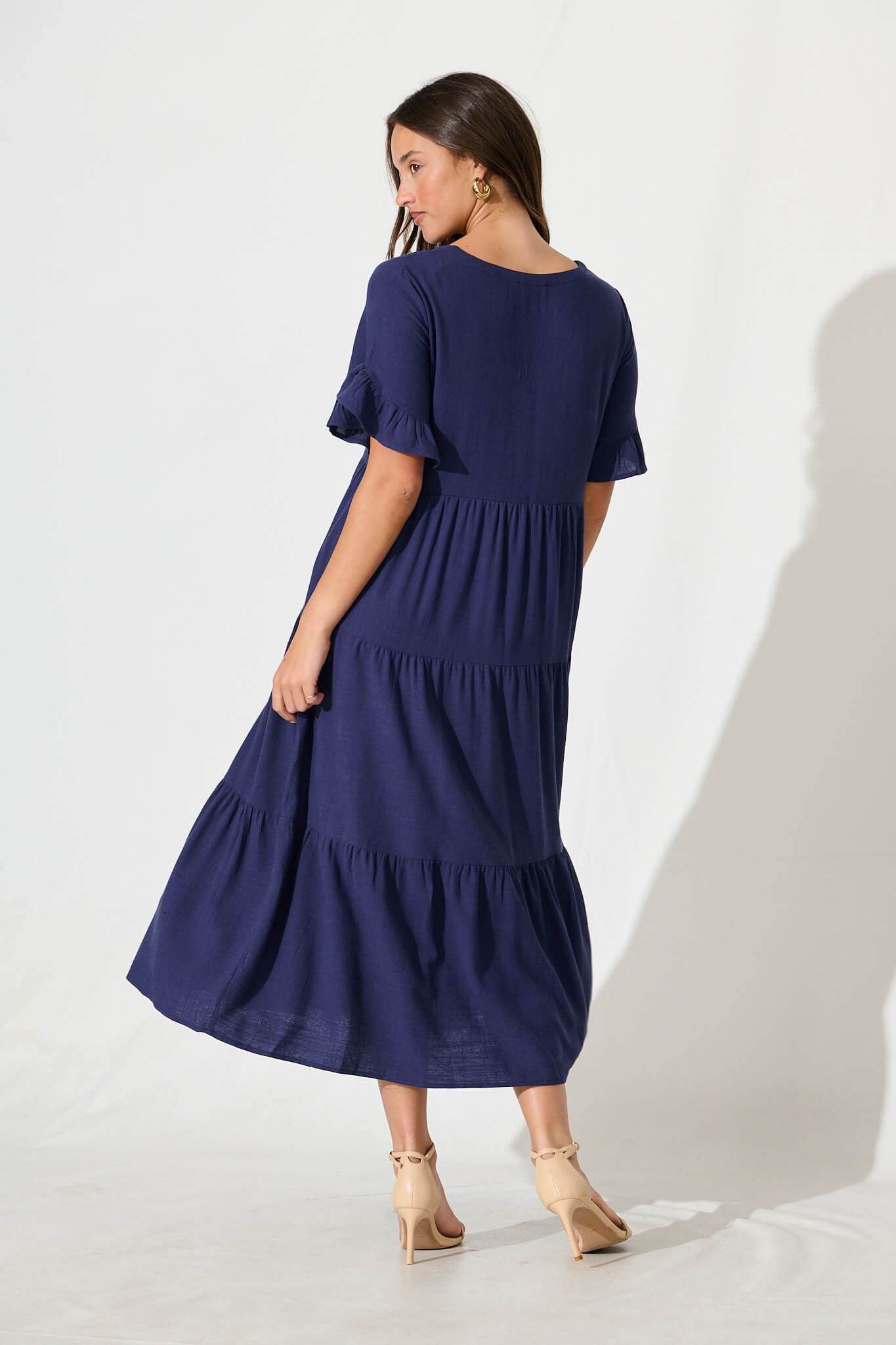 Kristen Midi Smock Dress In Navy Linen Blend