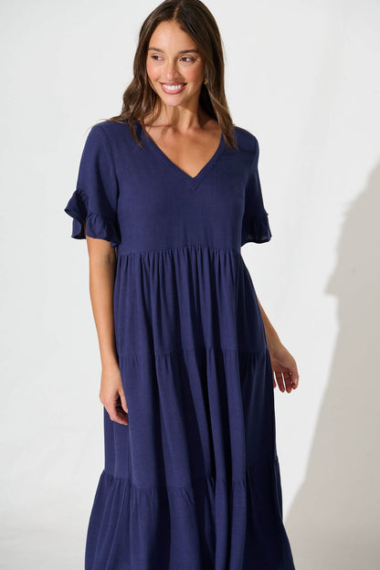Kristen Midi Smock Dress In Navy Linen Blend
