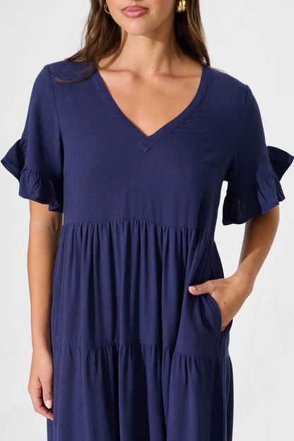 Kristen Midi Smock Dress In Navy Linen Blend