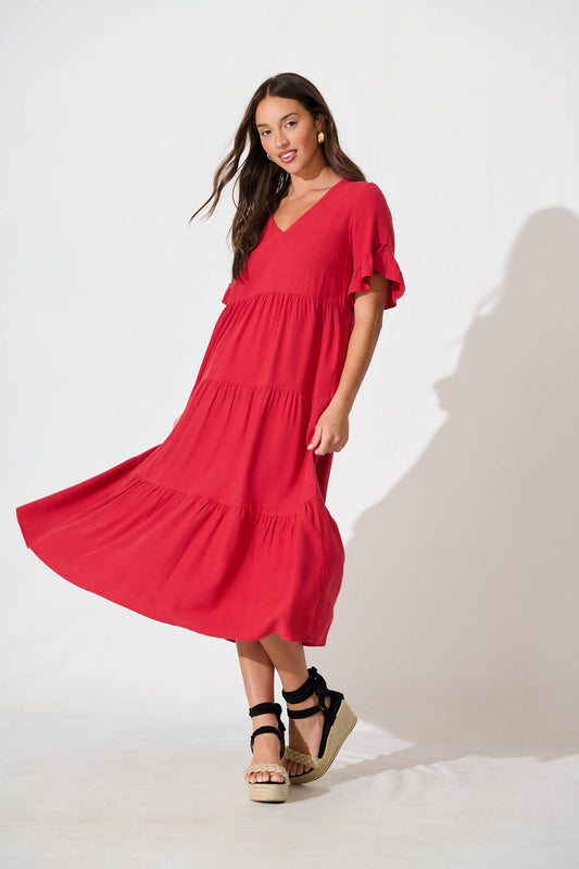 Kristen Midi Smock Dress In Red Linen Blend