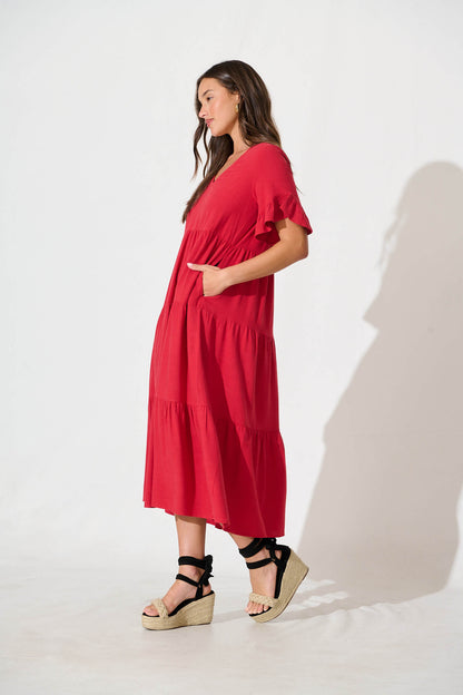 Kristen Midi Smock Dress In Red Linen Blend