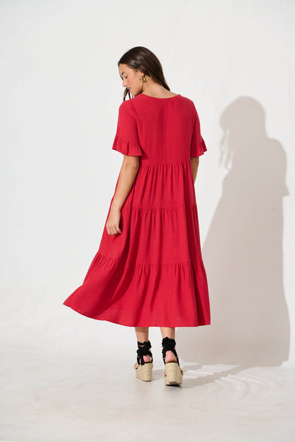 Kristen Midi Smock Dress In Red Linen Blend