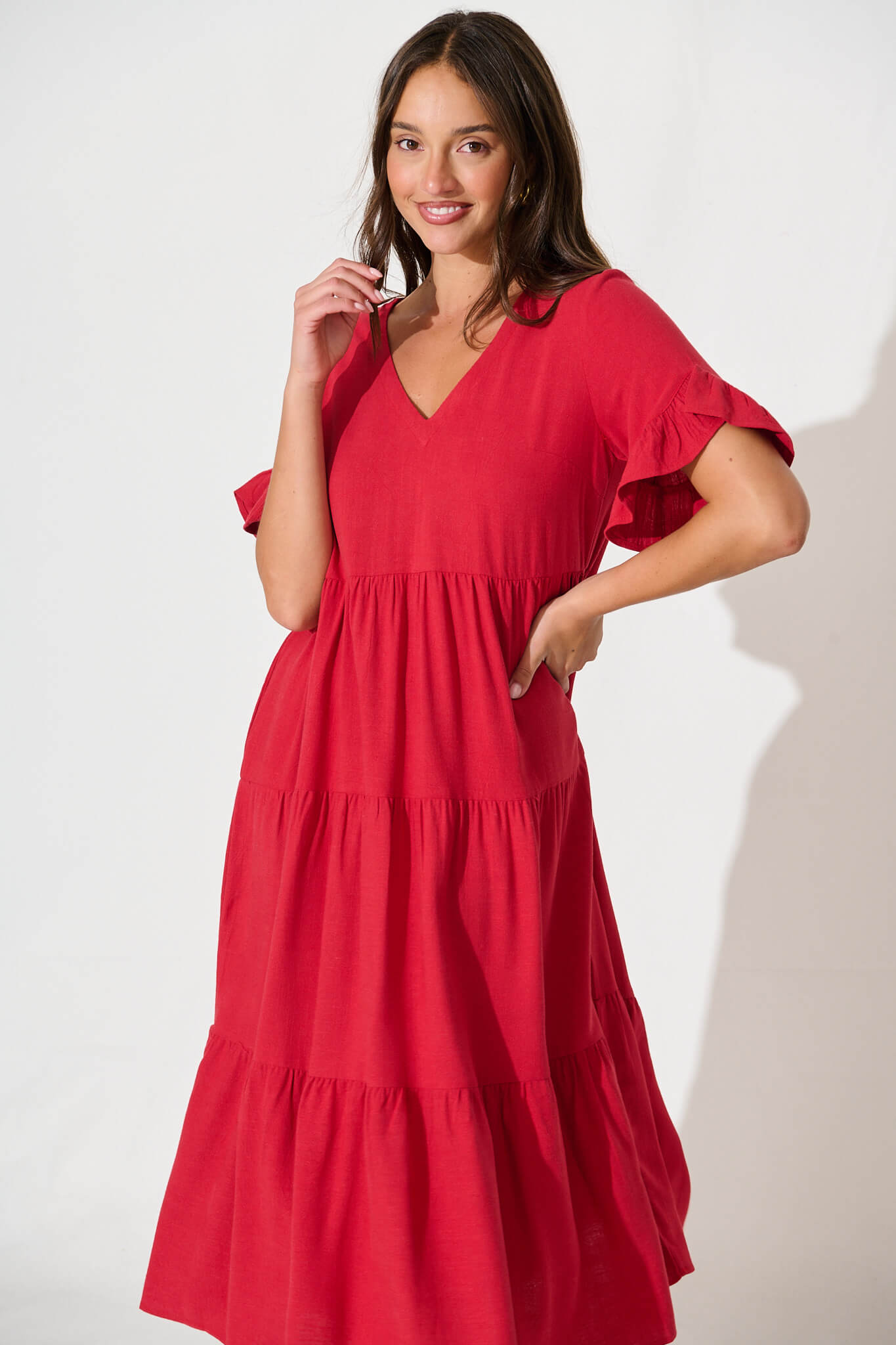 Kristen Midi Smock Dress In Red Linen Blend