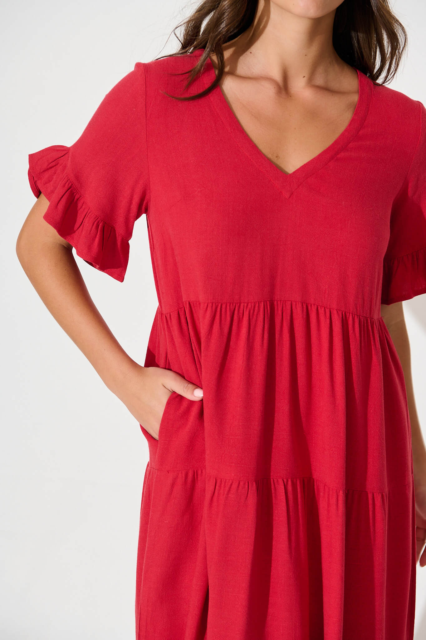 Kristen Midi Smock Dress In Red Linen Blend
