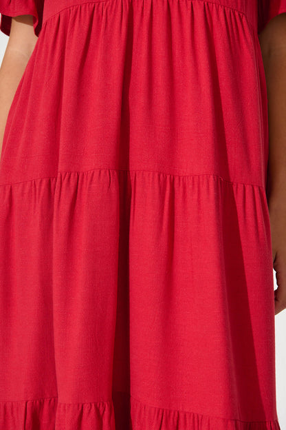 Kristen Midi Smock Dress In Red Linen Blend