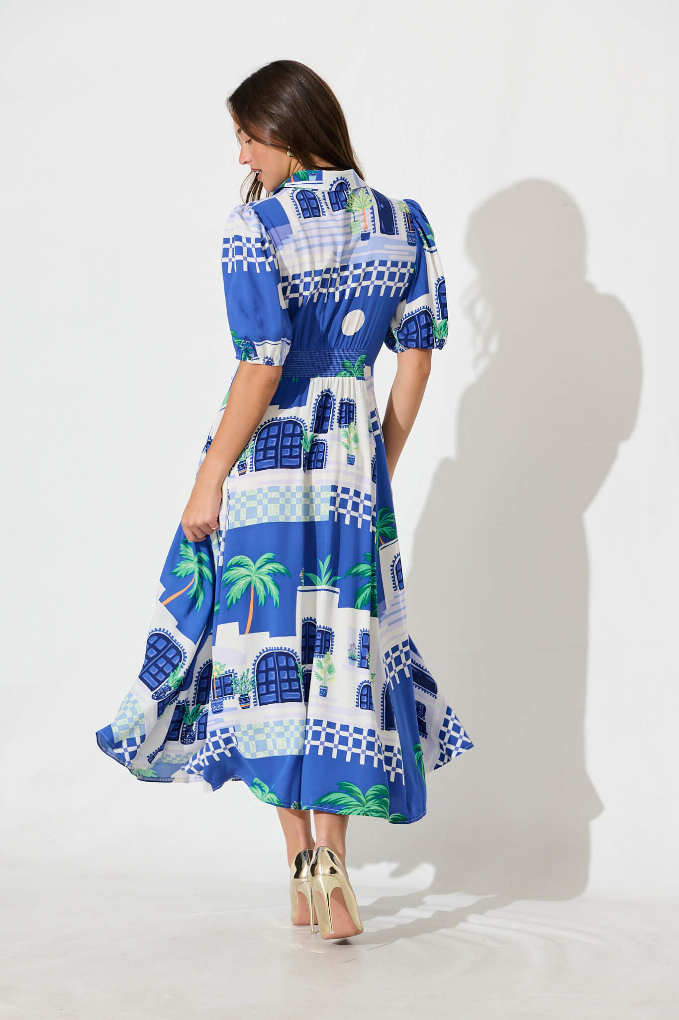 Bella Maxi Shirt Dress in Blue with White Print