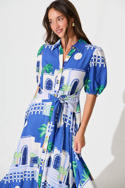 Bella Maxi Shirt Dress in Blue with White Print
