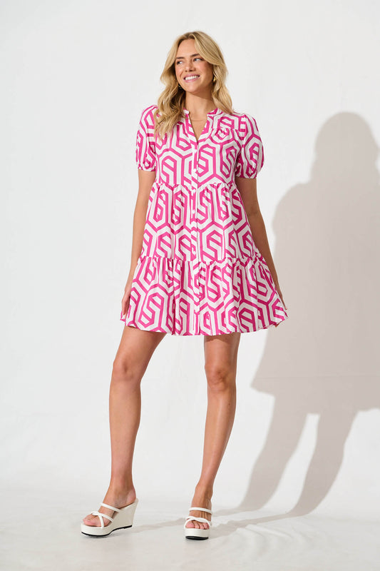 Yahaira Smock Dress in White with Pink Geometric Cotton