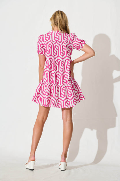 Yahaira Smock Dress in White with Pink Geometric Cotton
