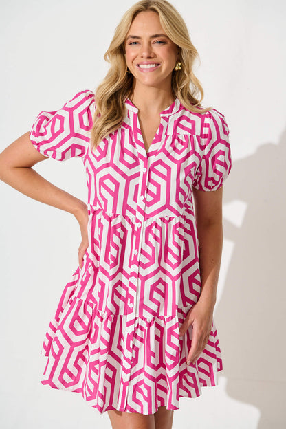 Yahaira Smock Dress in White with Pink Geometric Cotton