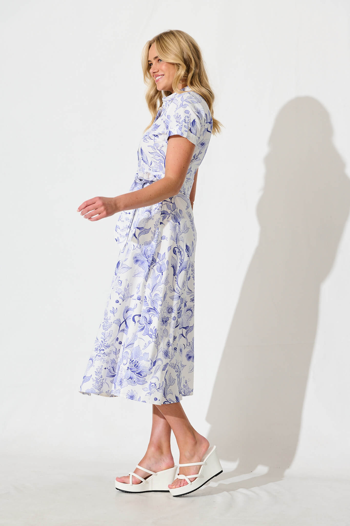 Delphi Midi Shirt Dress in White with Blue Floral Cotton