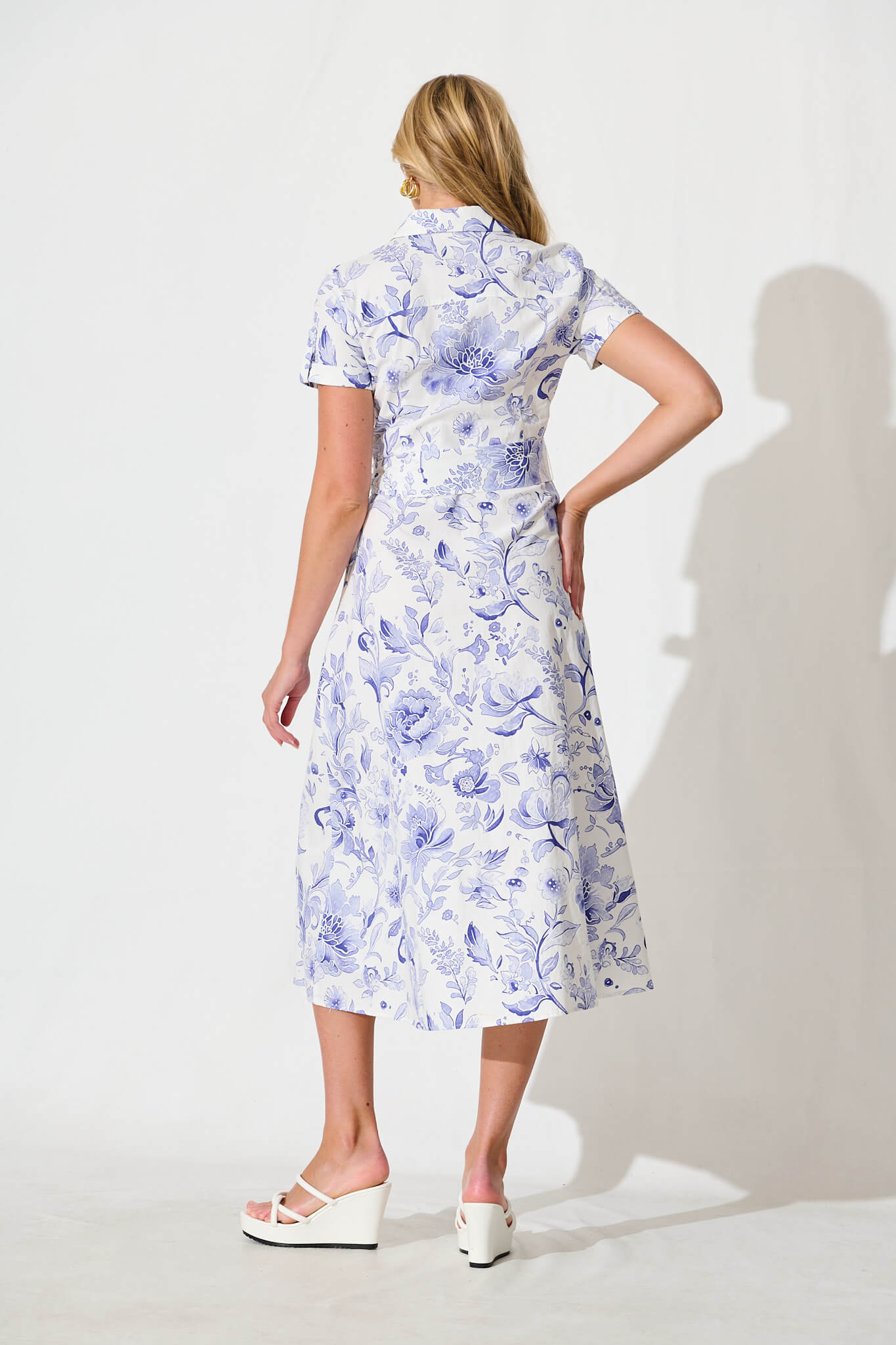 Delphi Midi Shirt Dress in White with Blue Floral Cotton