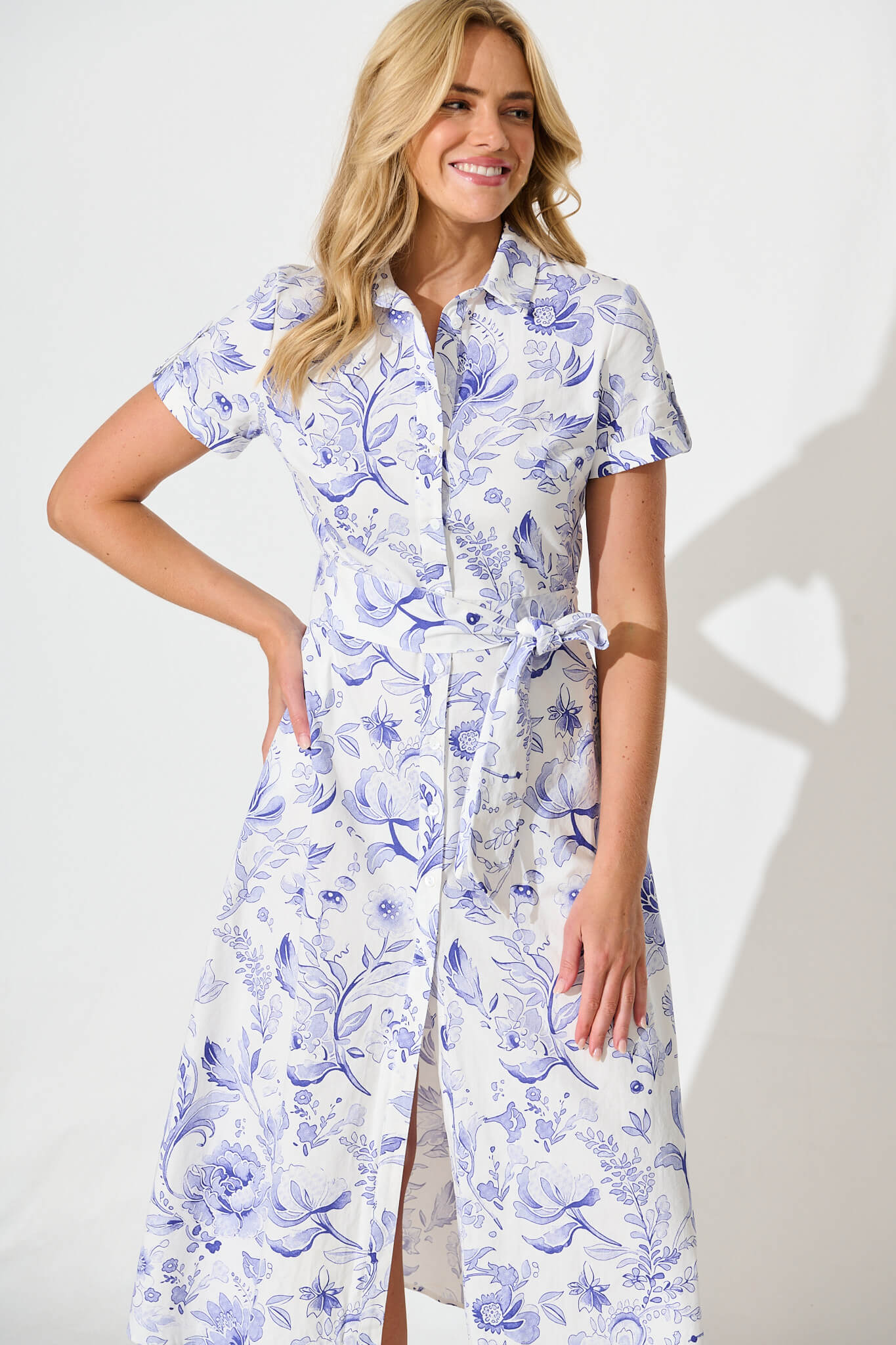 Delphi Midi Shirt Dress in White with Blue Floral Cotton