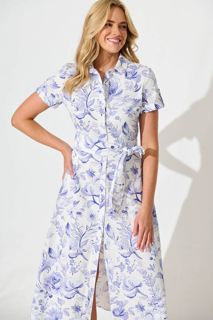 Delphi Midi Shirt Dress in White with Blue Floral Cotton
