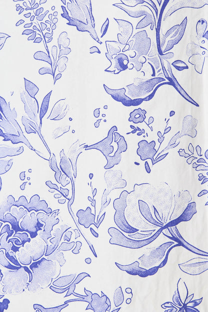 Delphi Midi Shirt Dress in White with Blue Floral Cotton