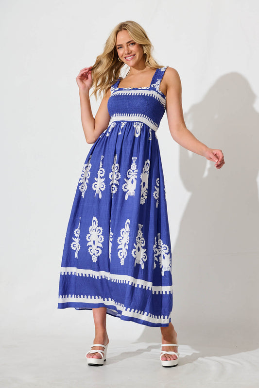 Evanston Maxi Dress In Blue With White Print