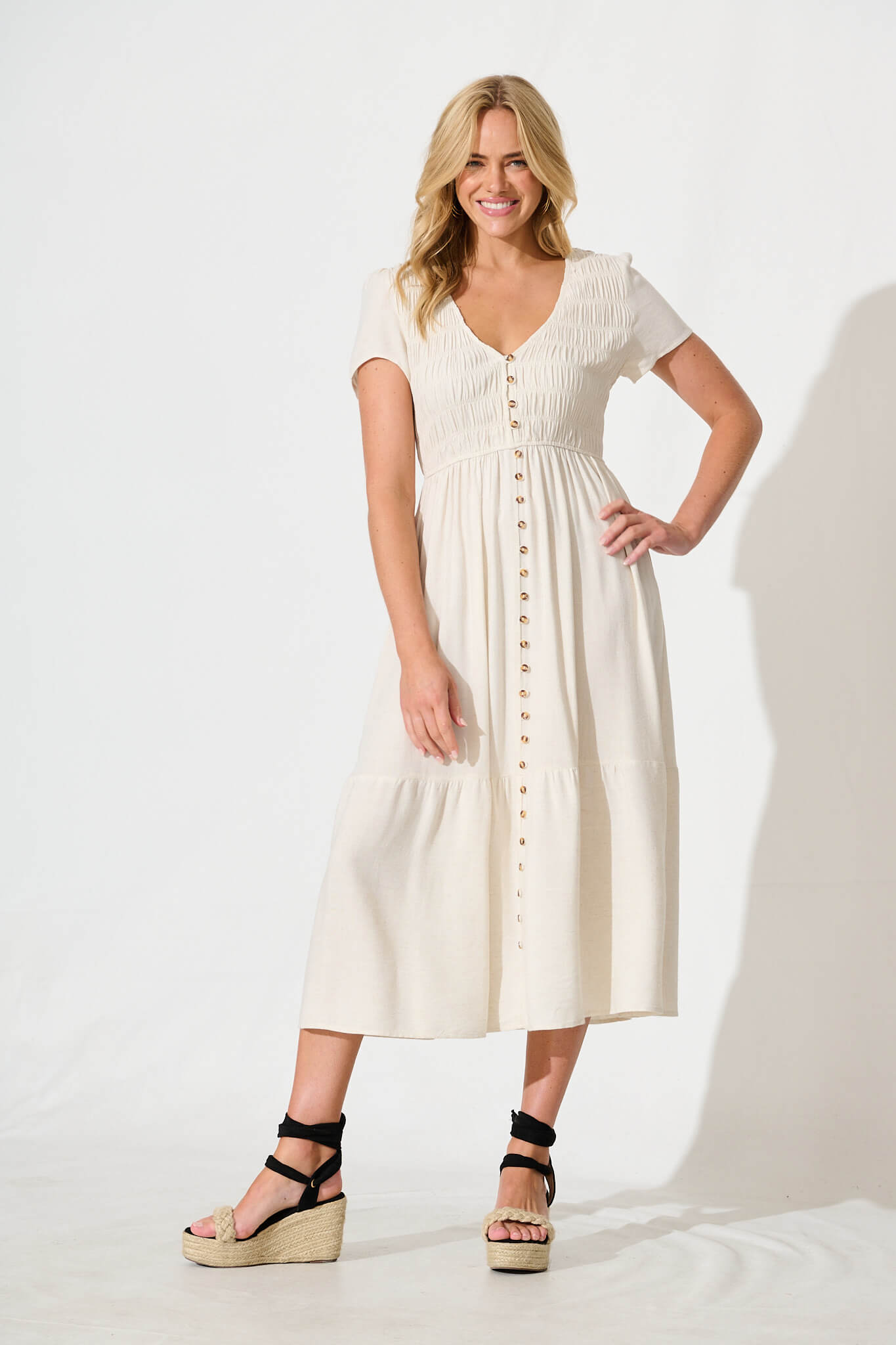 Zenith Midi Dress in Oatmeal Linen Blend