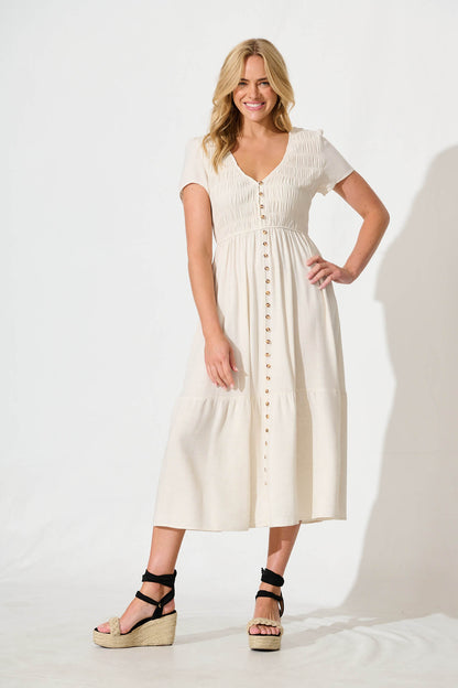 Zenith Midi Dress in Oatmeal Linen Blend