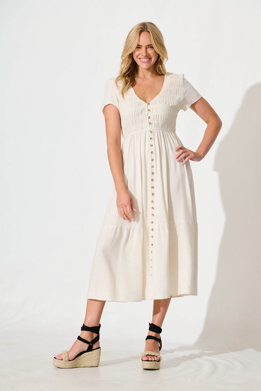 Zenith Midi Dress in Oatmeal Linen Blend