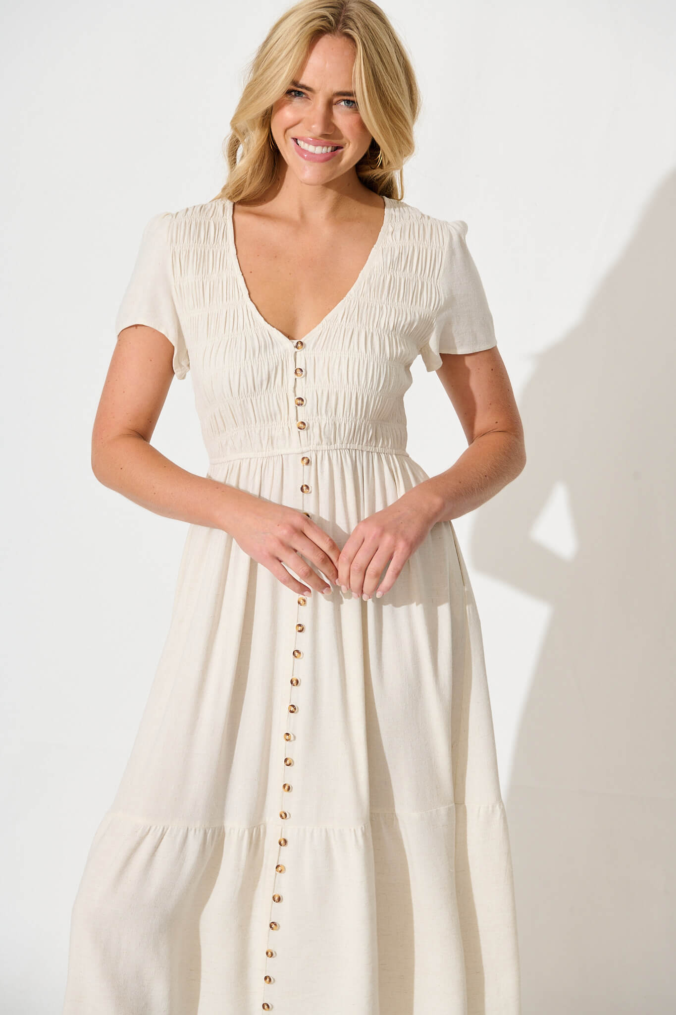 Zenith Midi Dress in Oatmeal Linen Blend