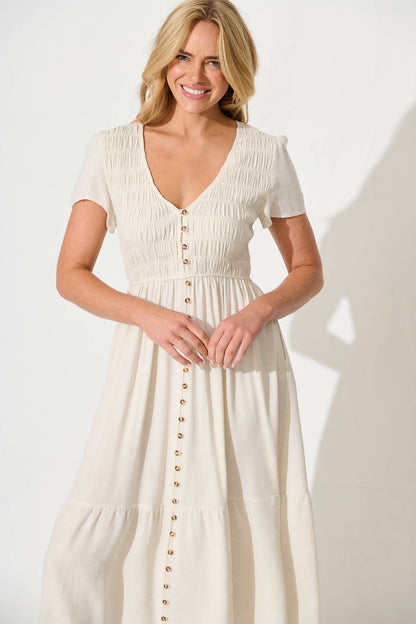 Zenith Midi Dress in Oatmeal Linen Blend