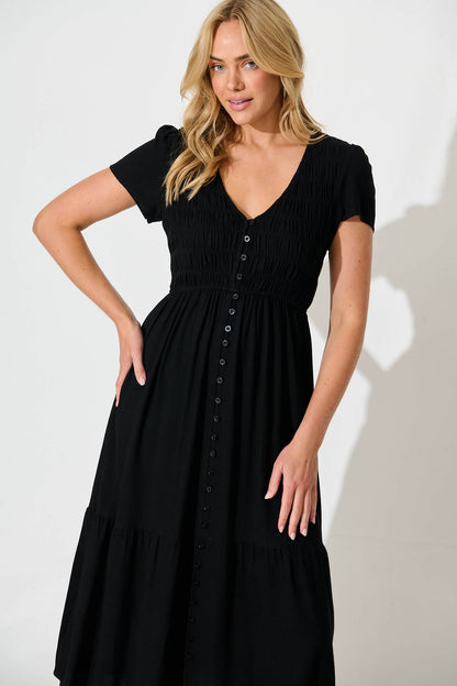 Zenith Midi Dress in Black Linen Blend