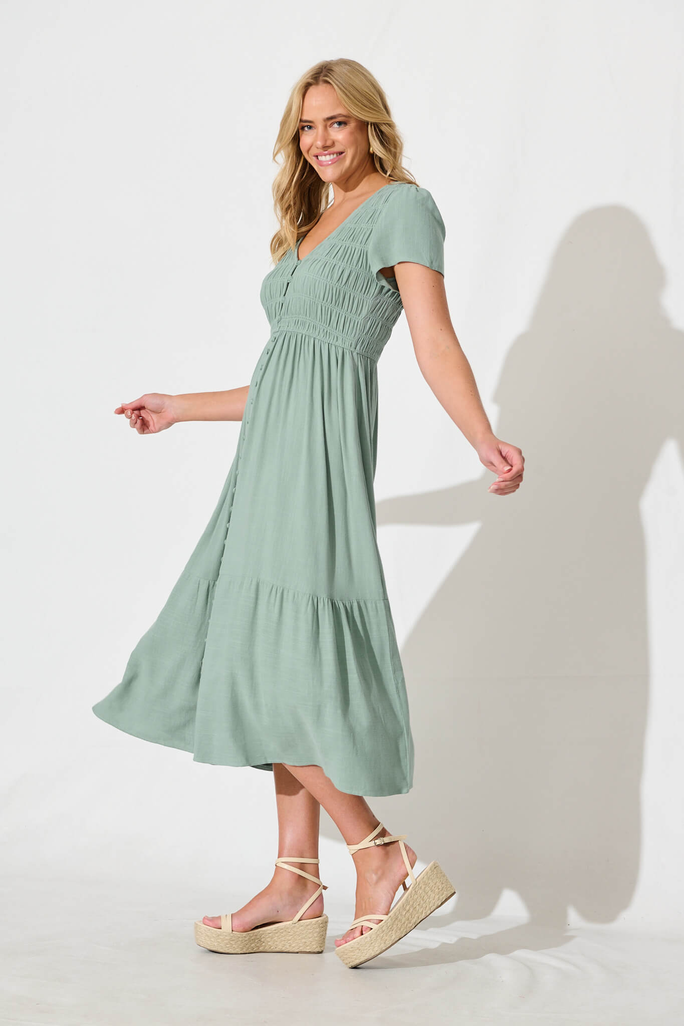 Zenith Midi Dress in Sage Green Linen Bend