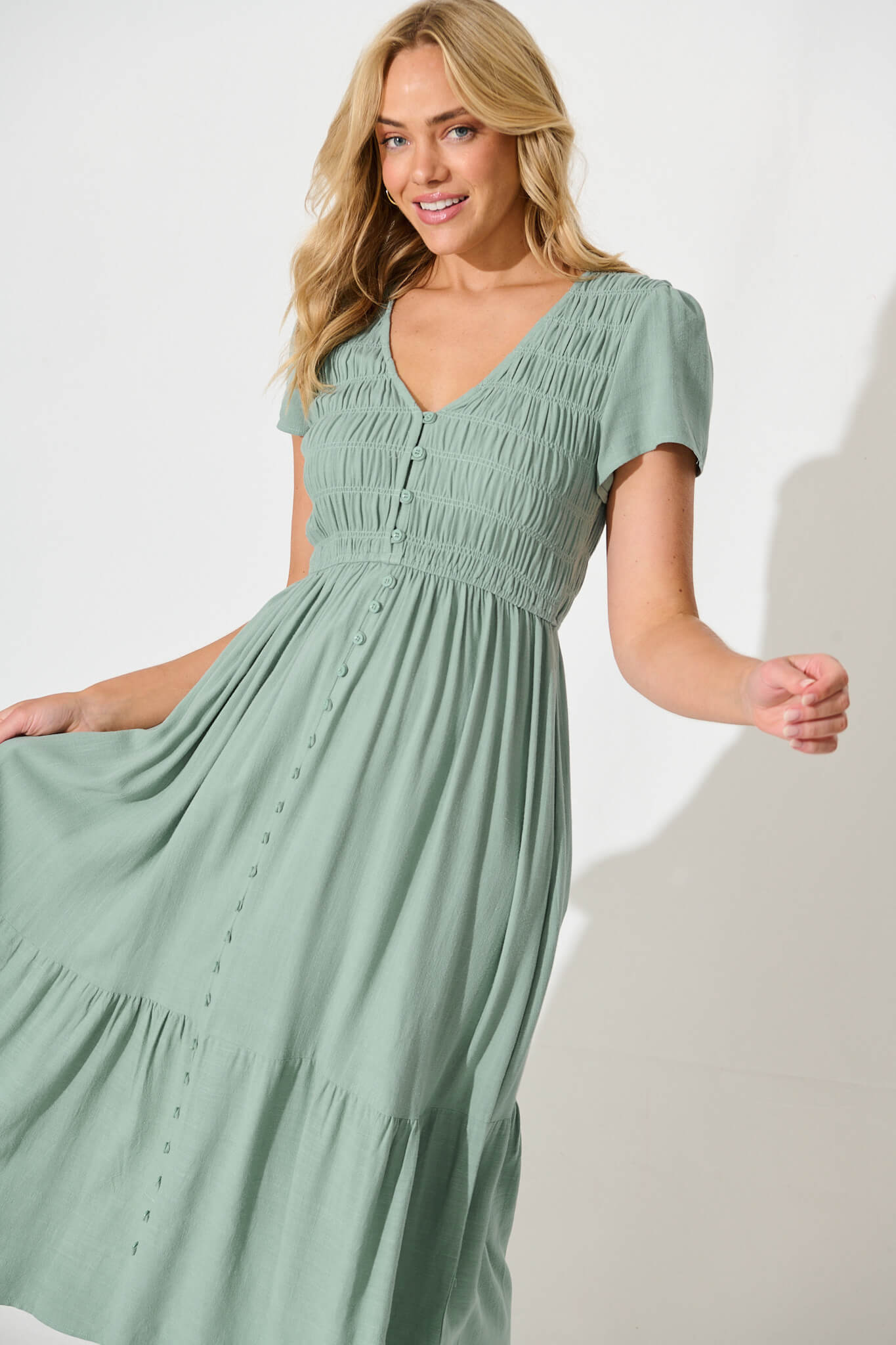 Zenith Midi Dress in Sage Green Linen Bend