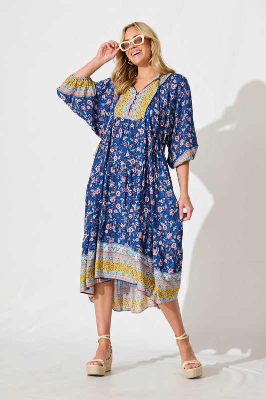 Barrymore Midi Smock Dress in Cobalt with Multi Print