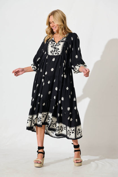 Barrymore Midi Smock Dress in Black with Cream Print