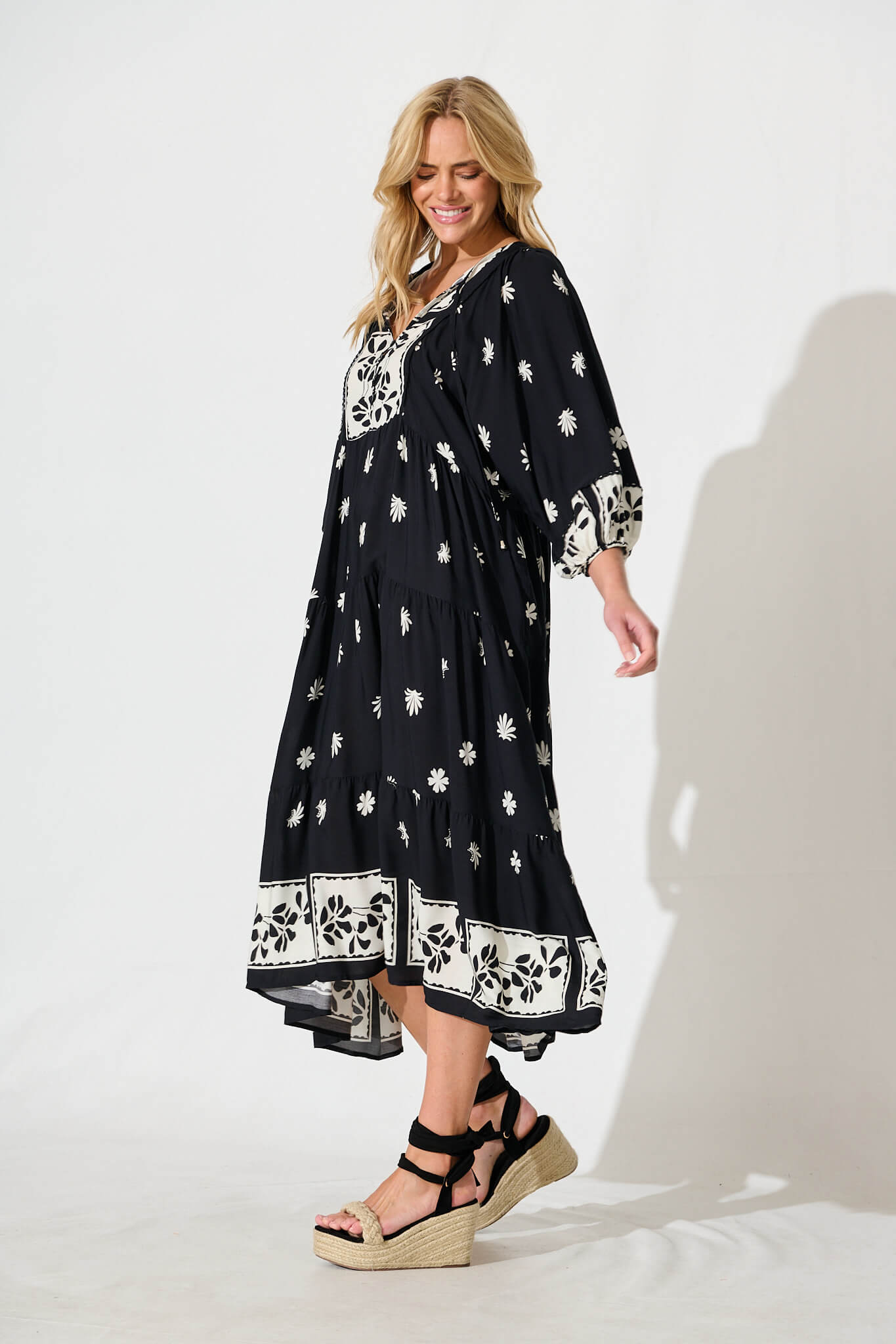 Barrymore Midi Smock Dress in Black with Cream Print