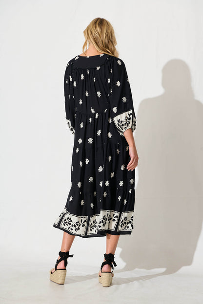 Barrymore Midi Smock Dress in Black with Cream Print