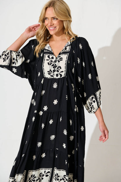 Barrymore Midi Smock Dress in Black with Cream Print
