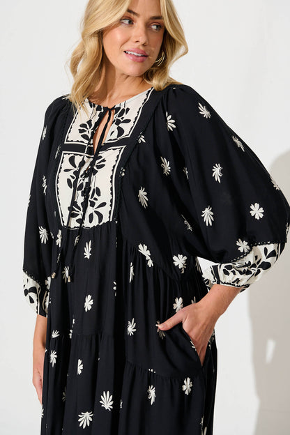 Barrymore Midi Smock Dress in Black with Cream Print