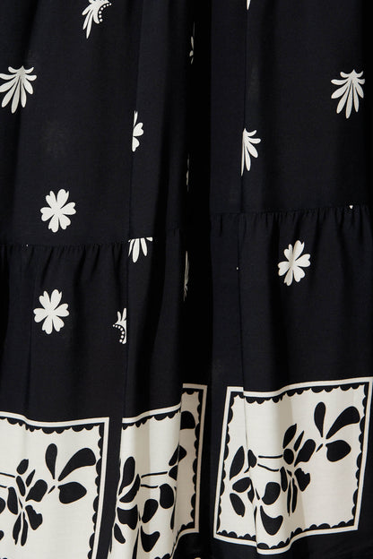 Barrymore Midi Smock Dress in Black with Cream Print