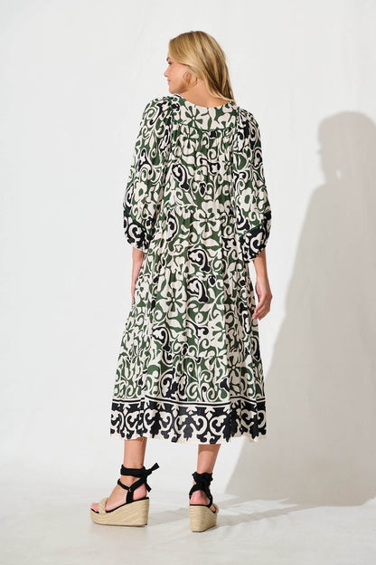 Barrymore Midi Smock Dress in Black and Green Print